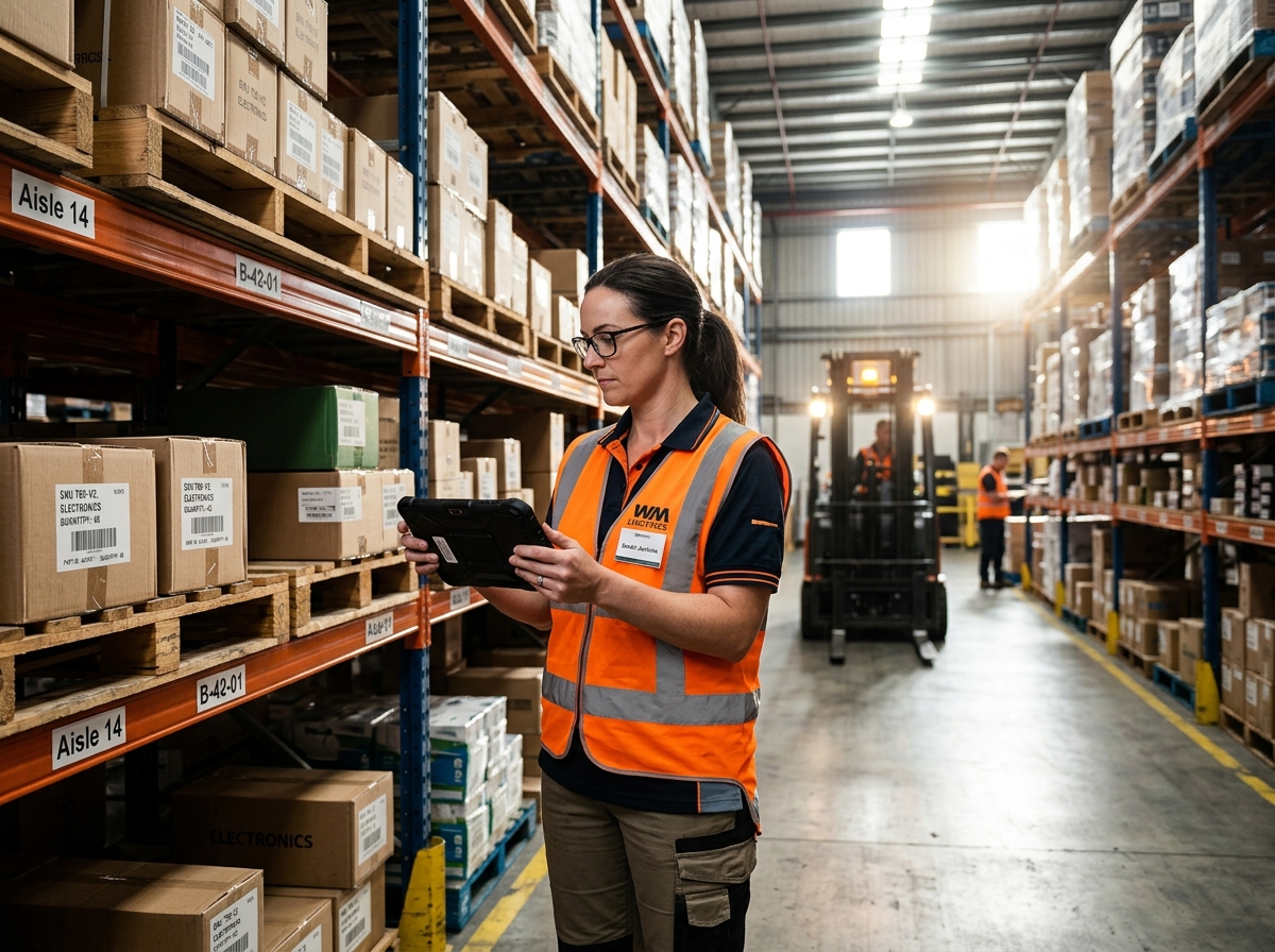Warehouse Manager scanning inventory with handheld scanner